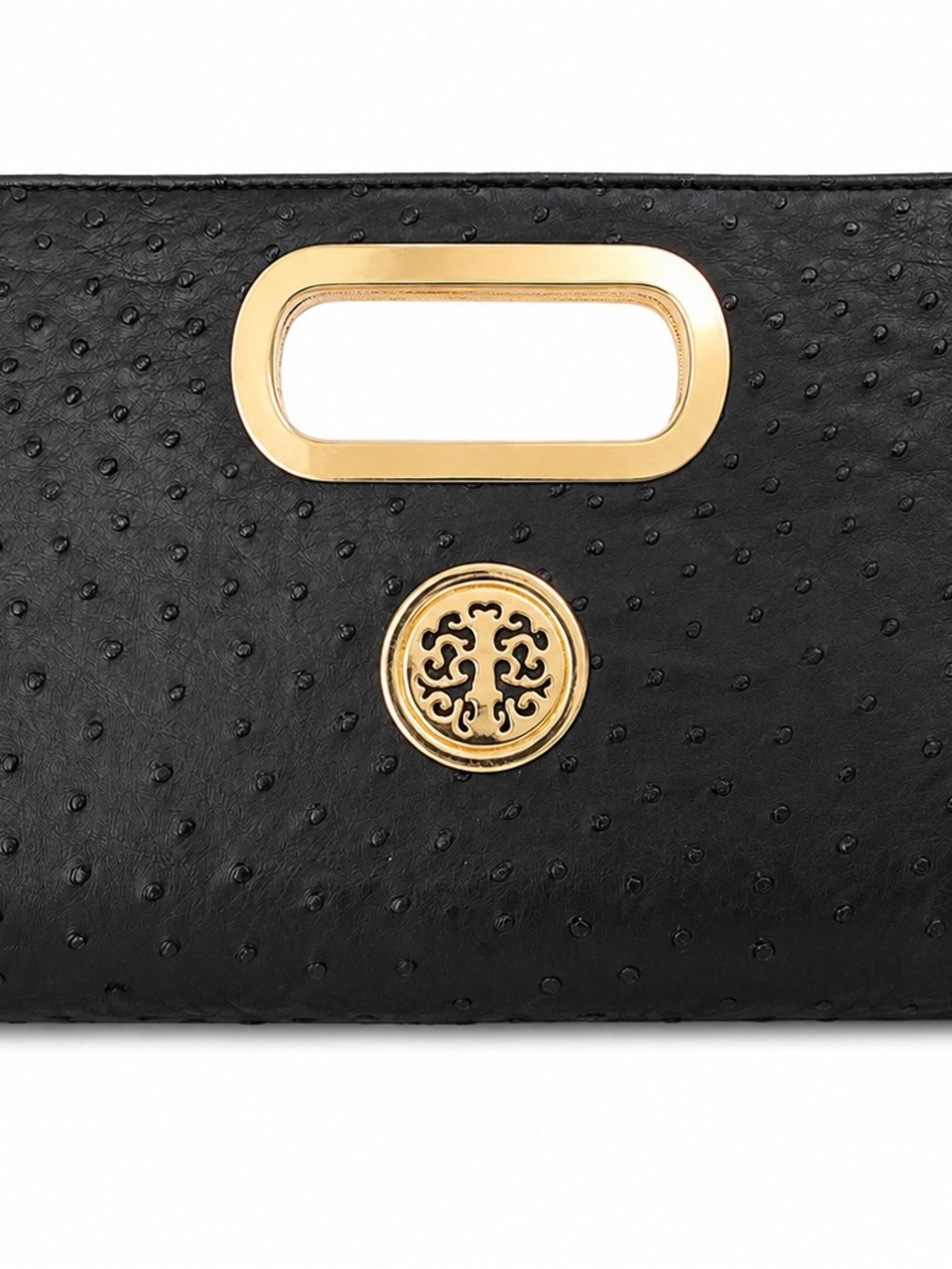 Black Ostrich-Texture Clutch with Gold Accent
